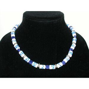 Vintage Blue & White Ceramic Beaded Delft Necklace With Rhinestone Accents
